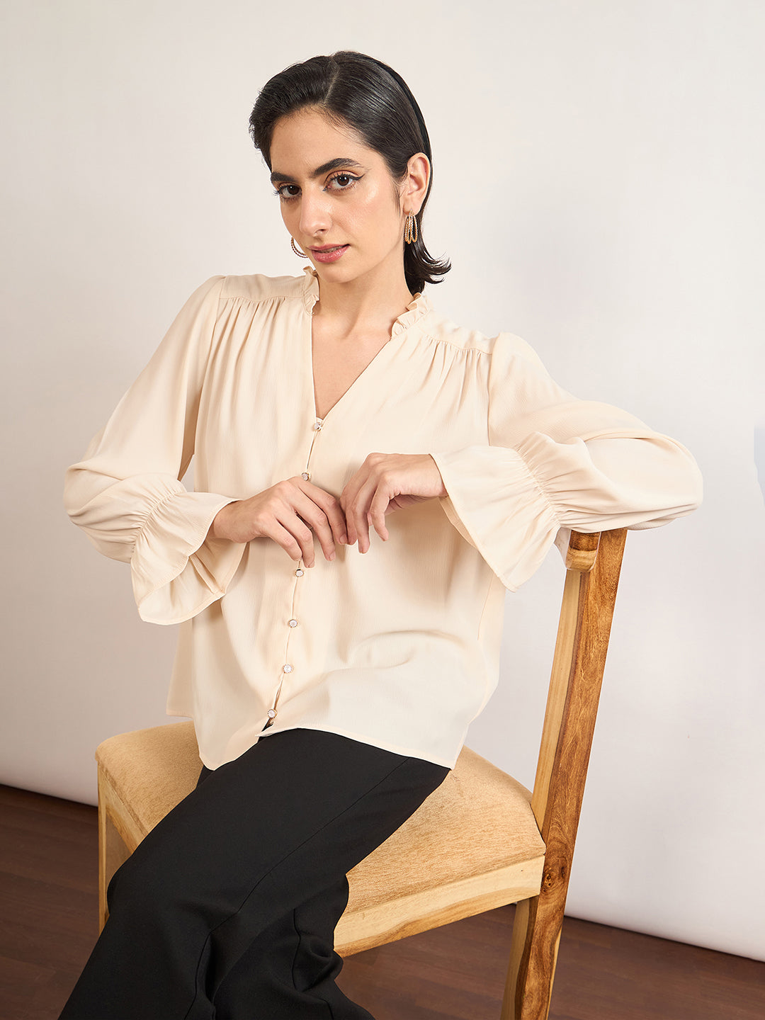 Beige Nylon Viscose Cuffed Sleeves Tunic