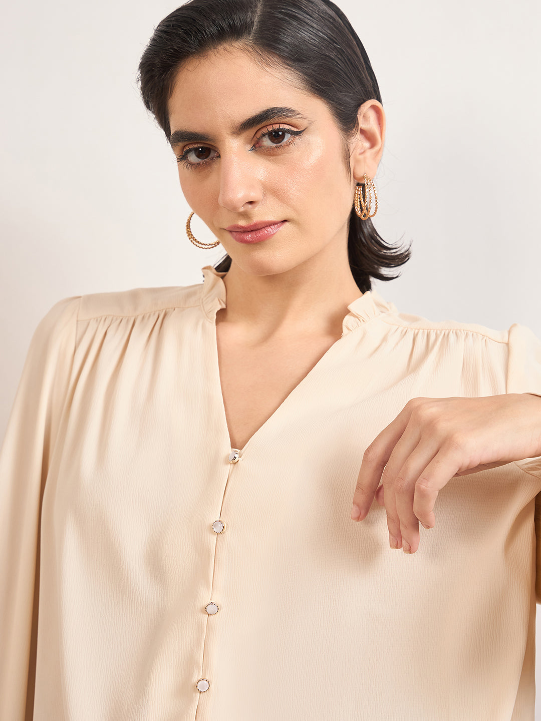 Beige Nylon Viscose Cuffed Sleeves Tunic