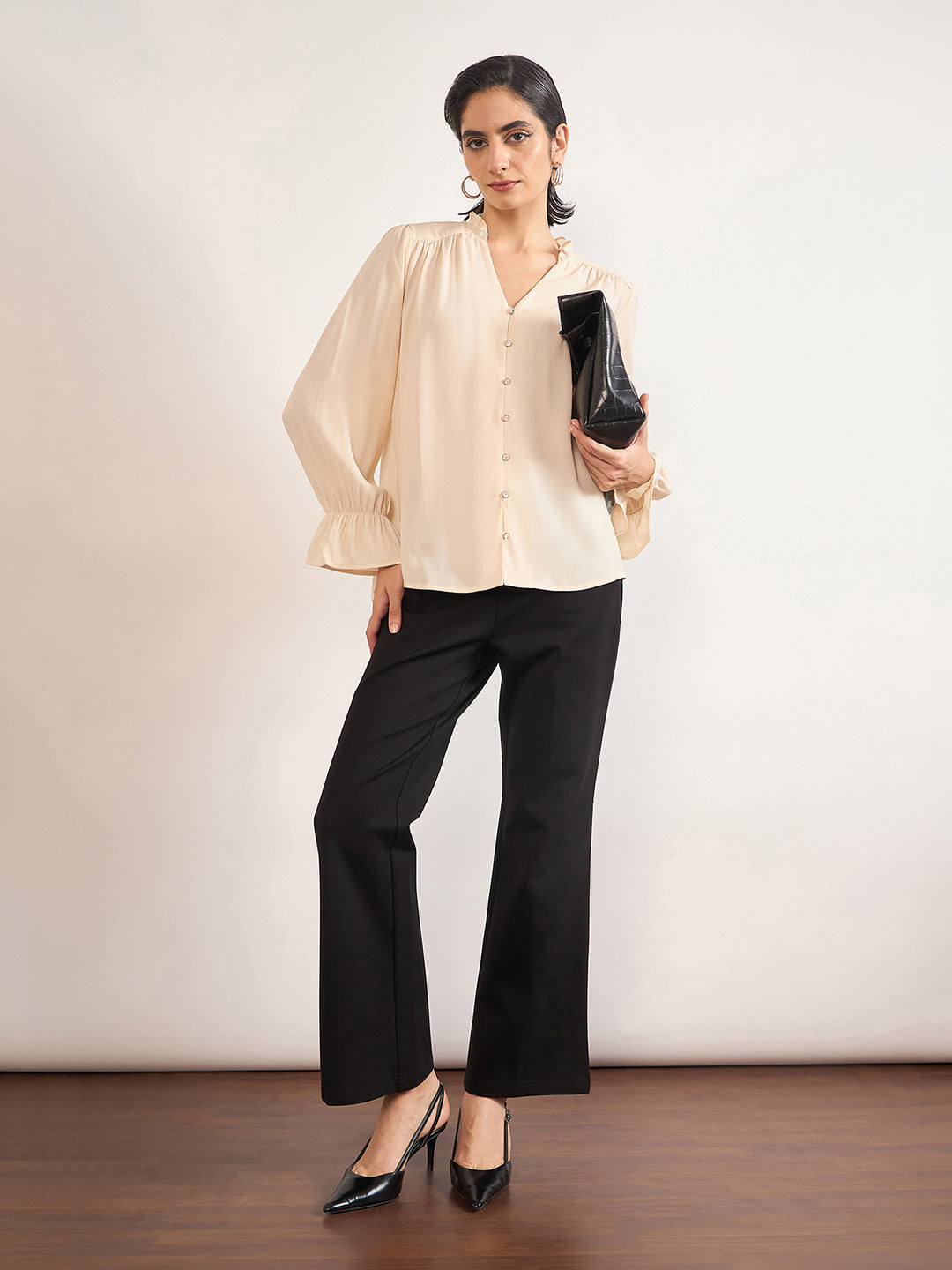 Beige Nylon Viscose Cuffed Sleeves Tunic