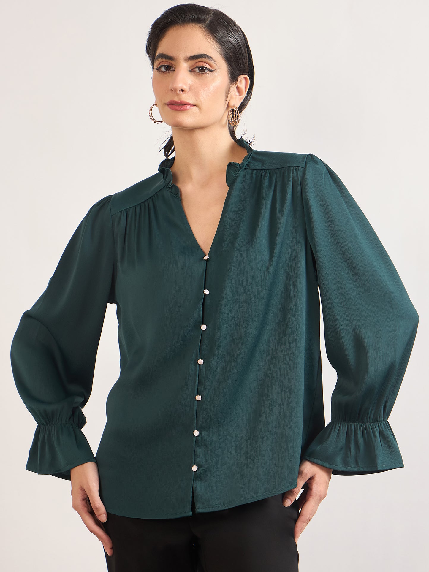 Bottle Green Nylon Viscose Cuffed Sleeves Tunic