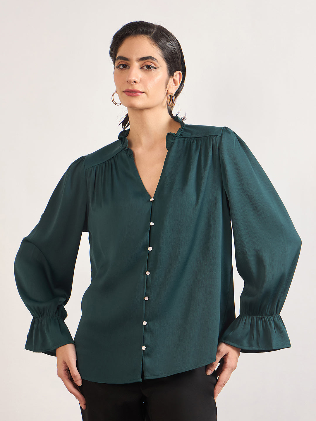 Bottle Green Nylon Viscose Cuffed Sleeves Tunic