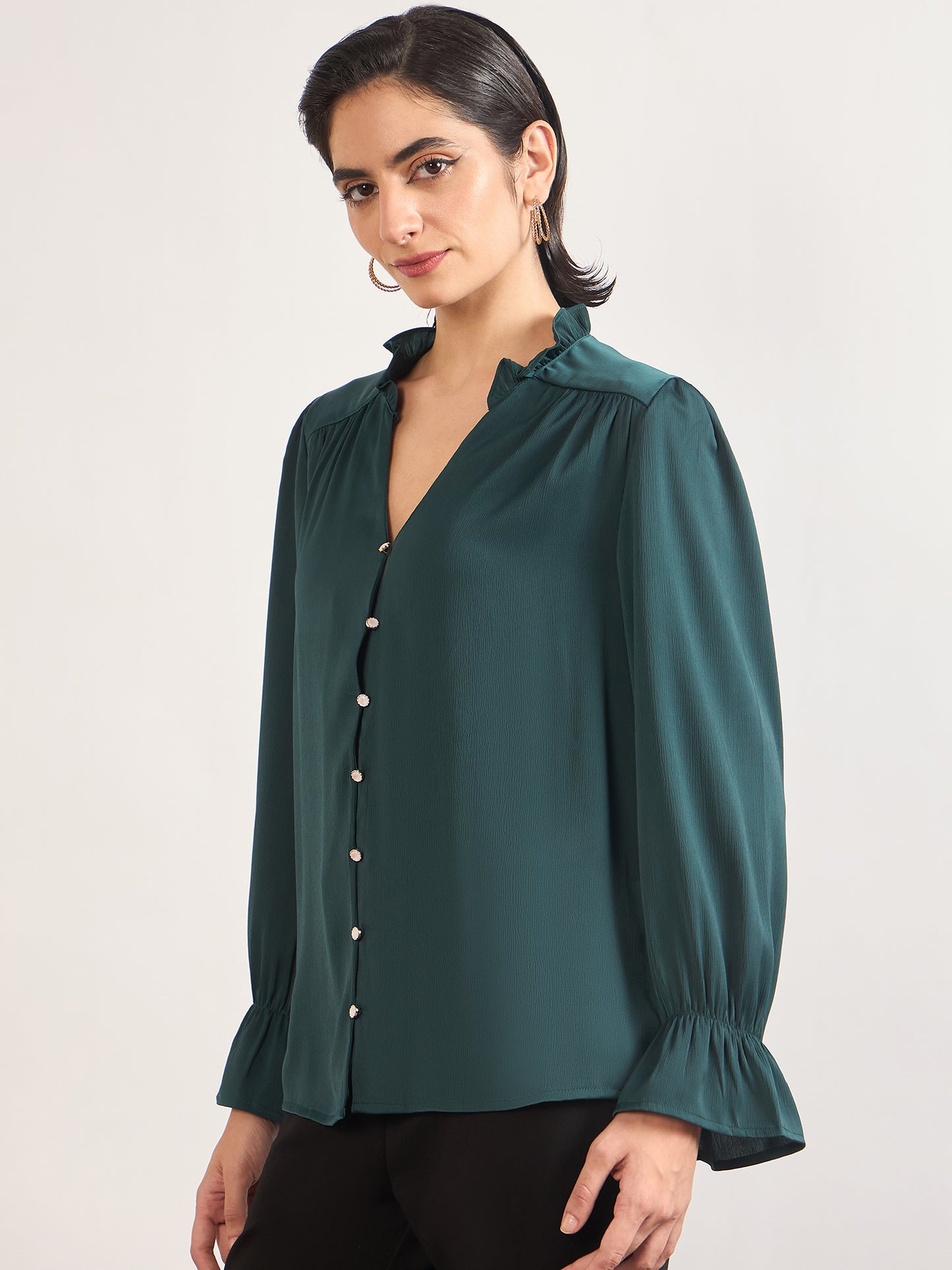 Bottle Green Nylon Viscose Cuffed Sleeves Tunic