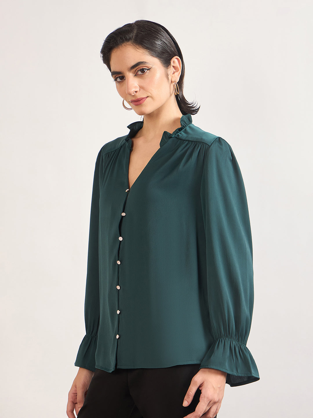 Bottle Green Nylon Viscose Cuffed Sleeves Tunic
