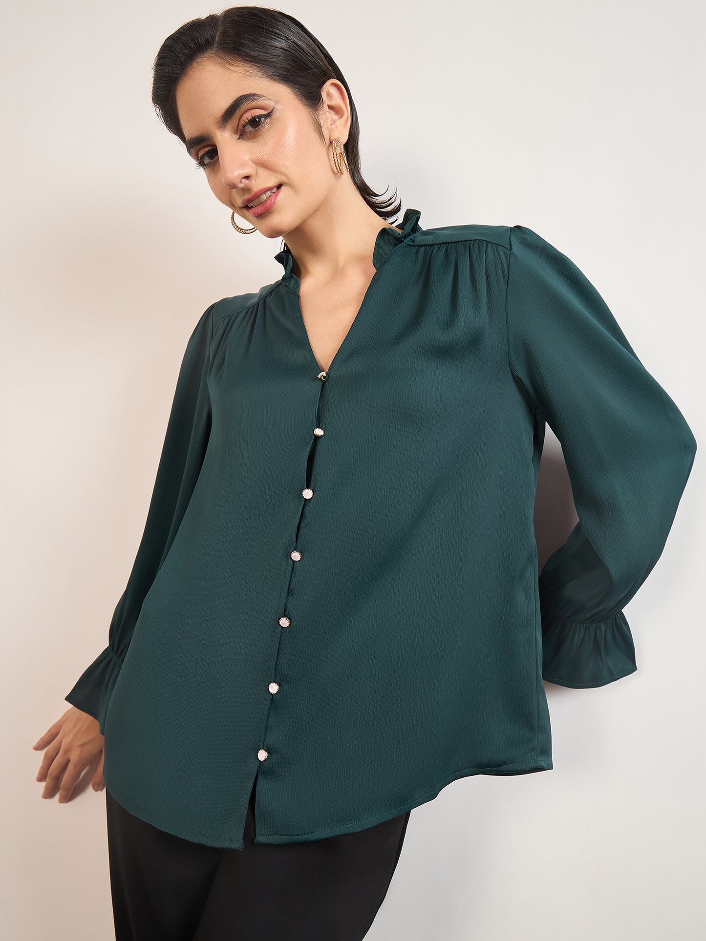 Bottle Green Nylon Viscose Cuffed Sleeves Tunic