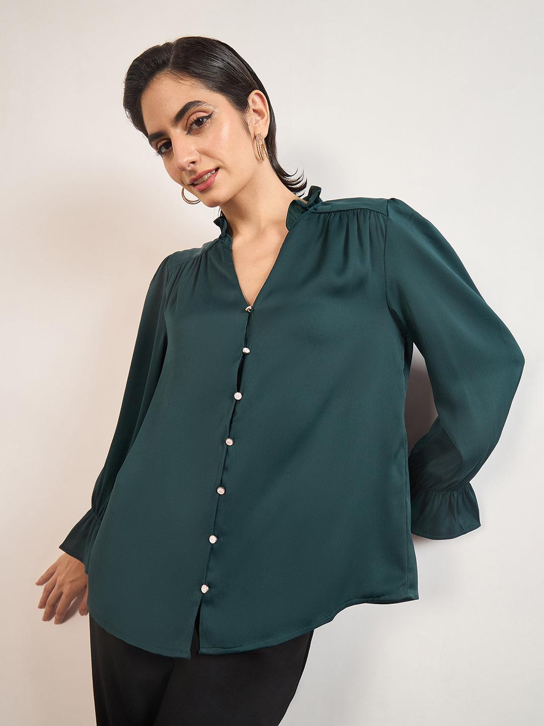 Bottle Green Nylon Viscose Cuffed Sleeves Tunic