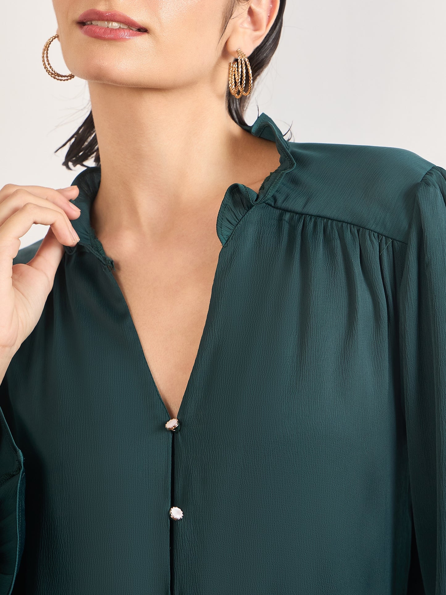 Bottle Green Nylon Viscose Cuffed Sleeves Tunic