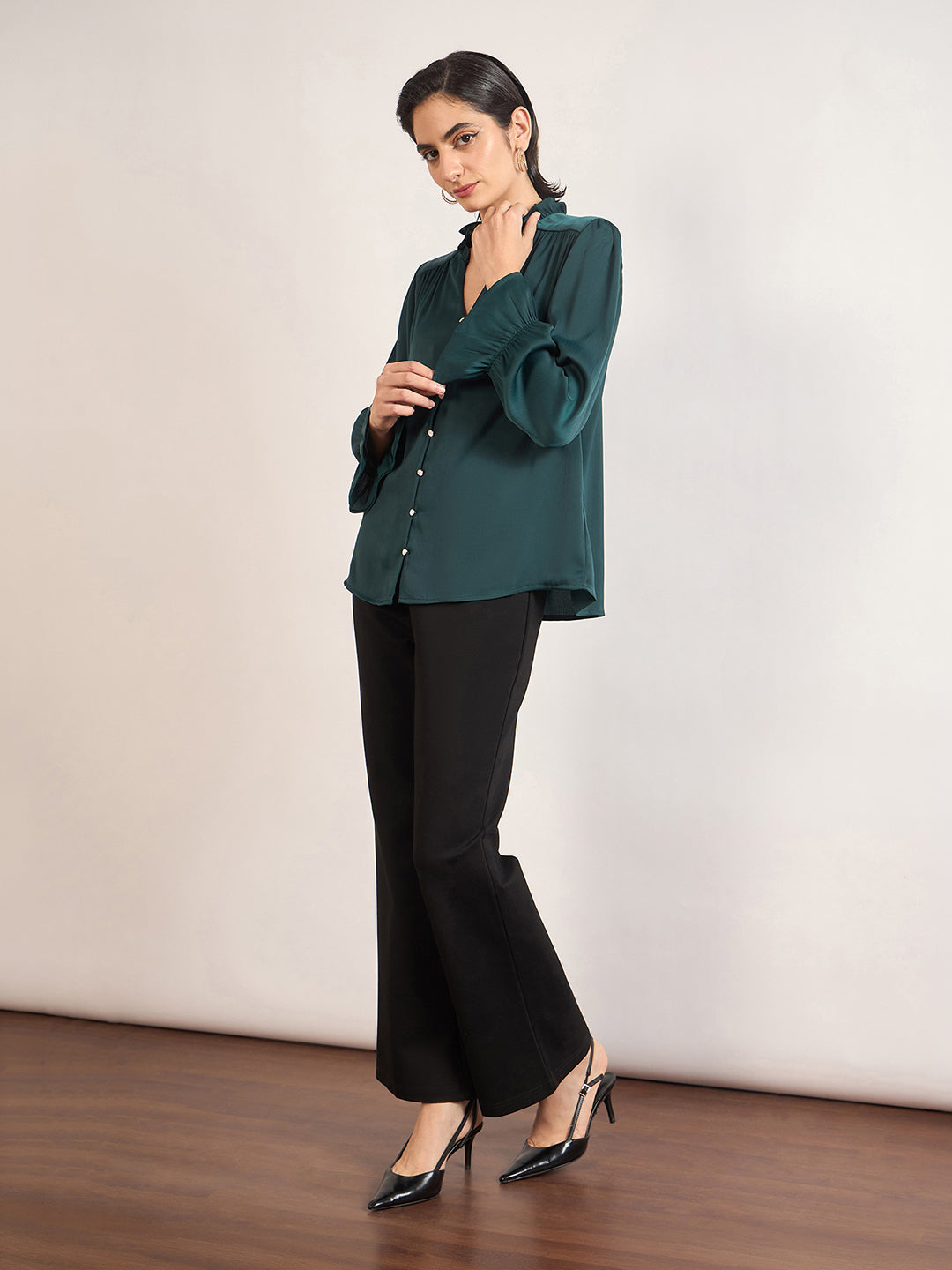 Bottle Green Nylon Viscose Cuffed Sleeves Tunic
