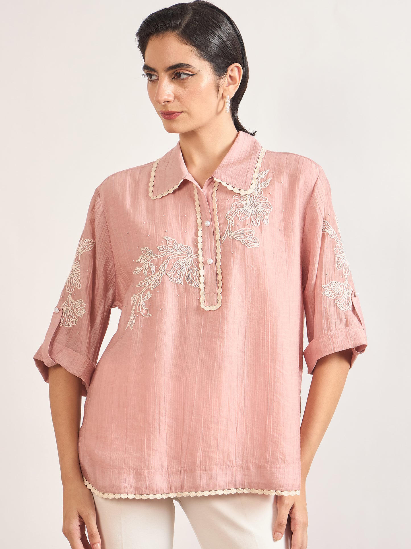 Pink Nylon Visoce Embroidery Tunic