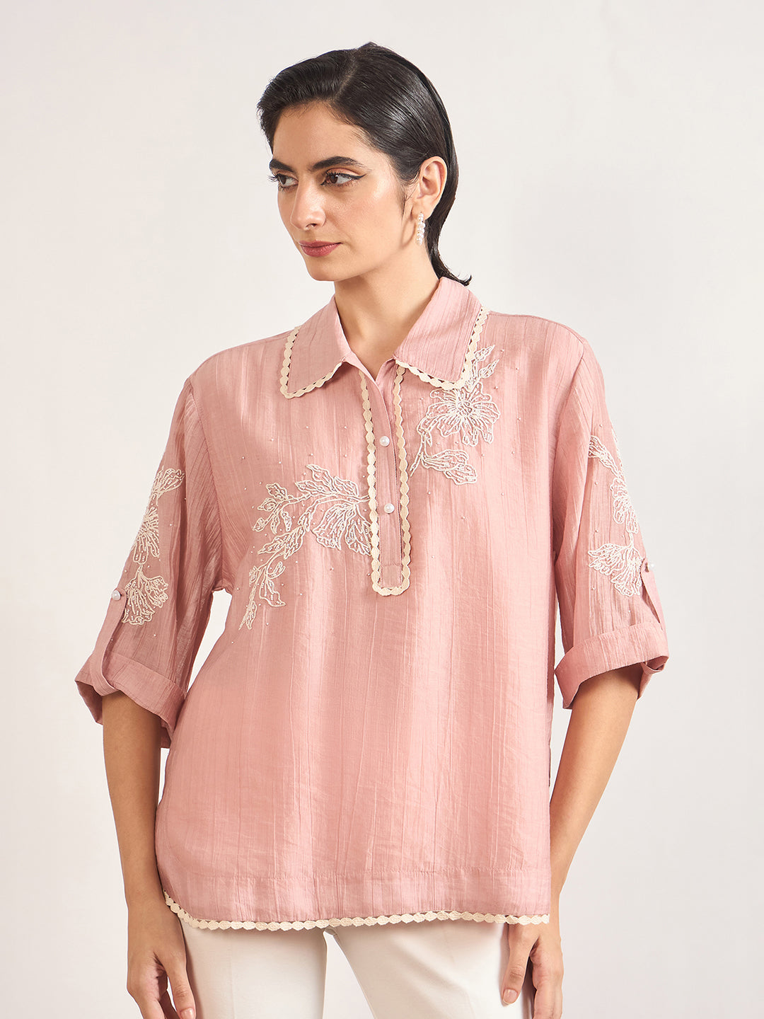 Pink Nylon Visoce Embroidery Tunic