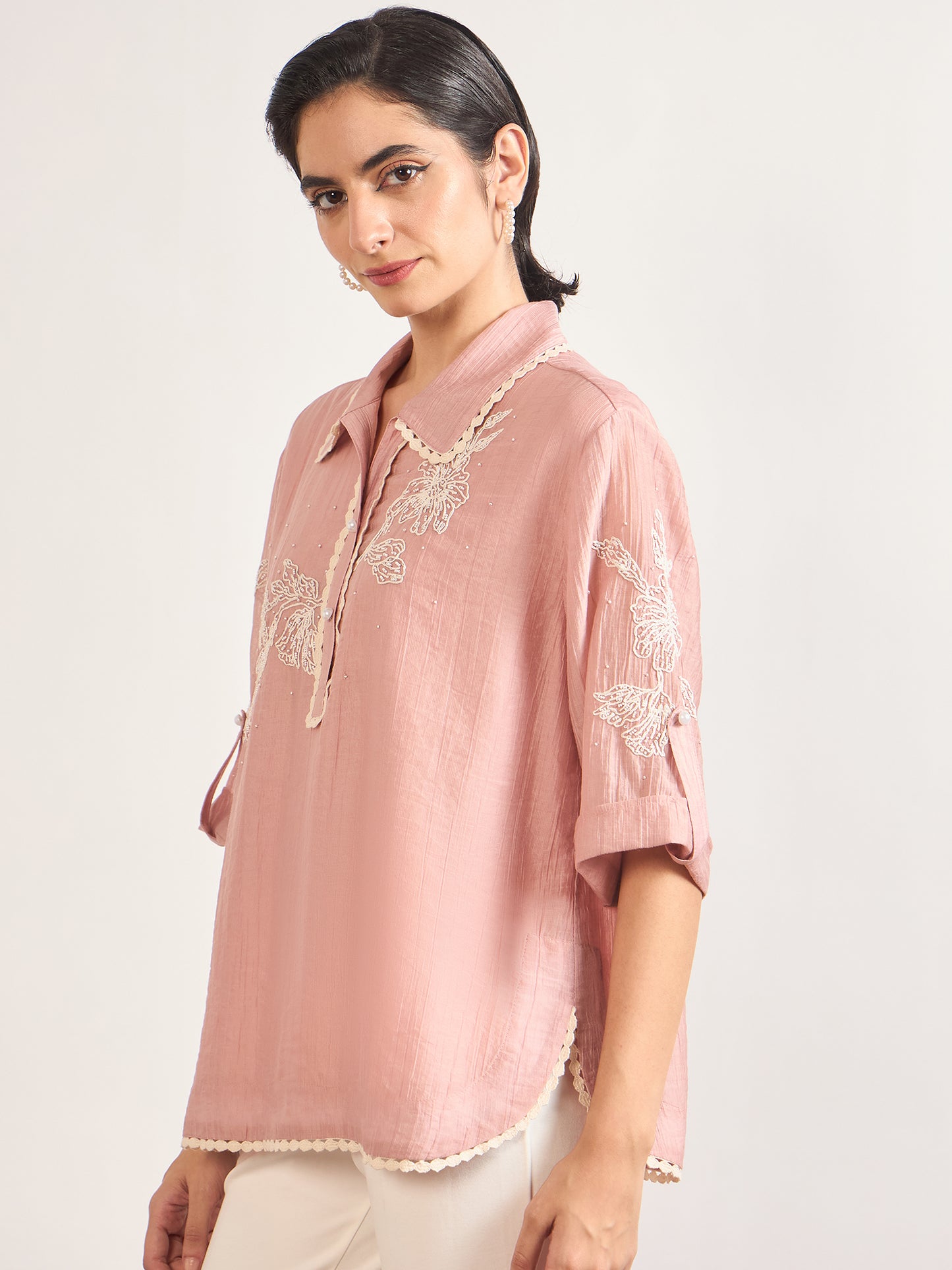 Pink Nylon Visoce Embroidery Tunic