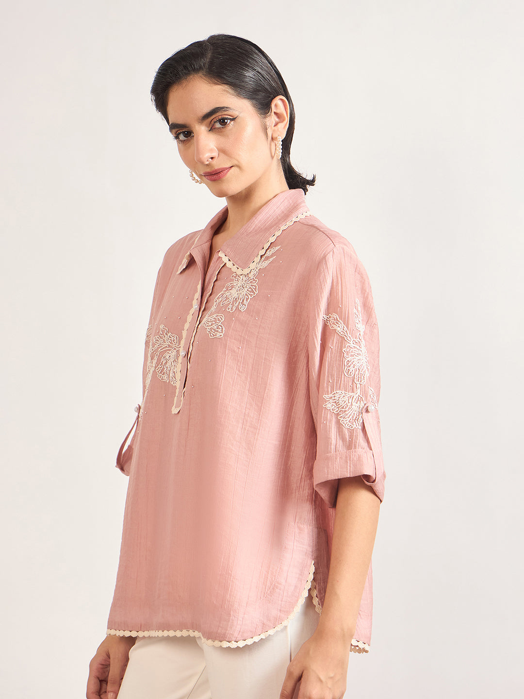 Pink Nylon Visoce Embroidery Tunic