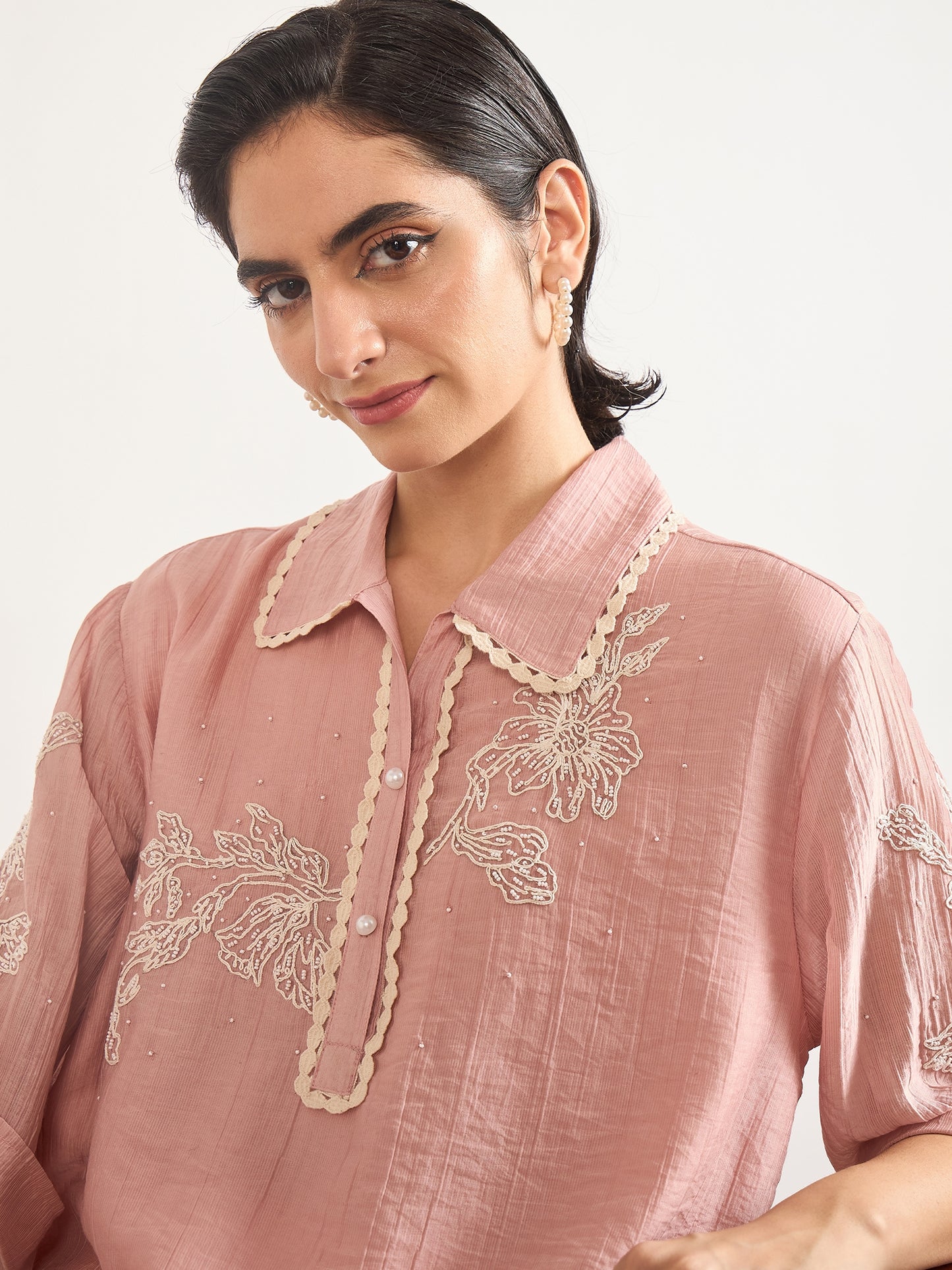 Pink Nylon Visoce Embroidery Tunic