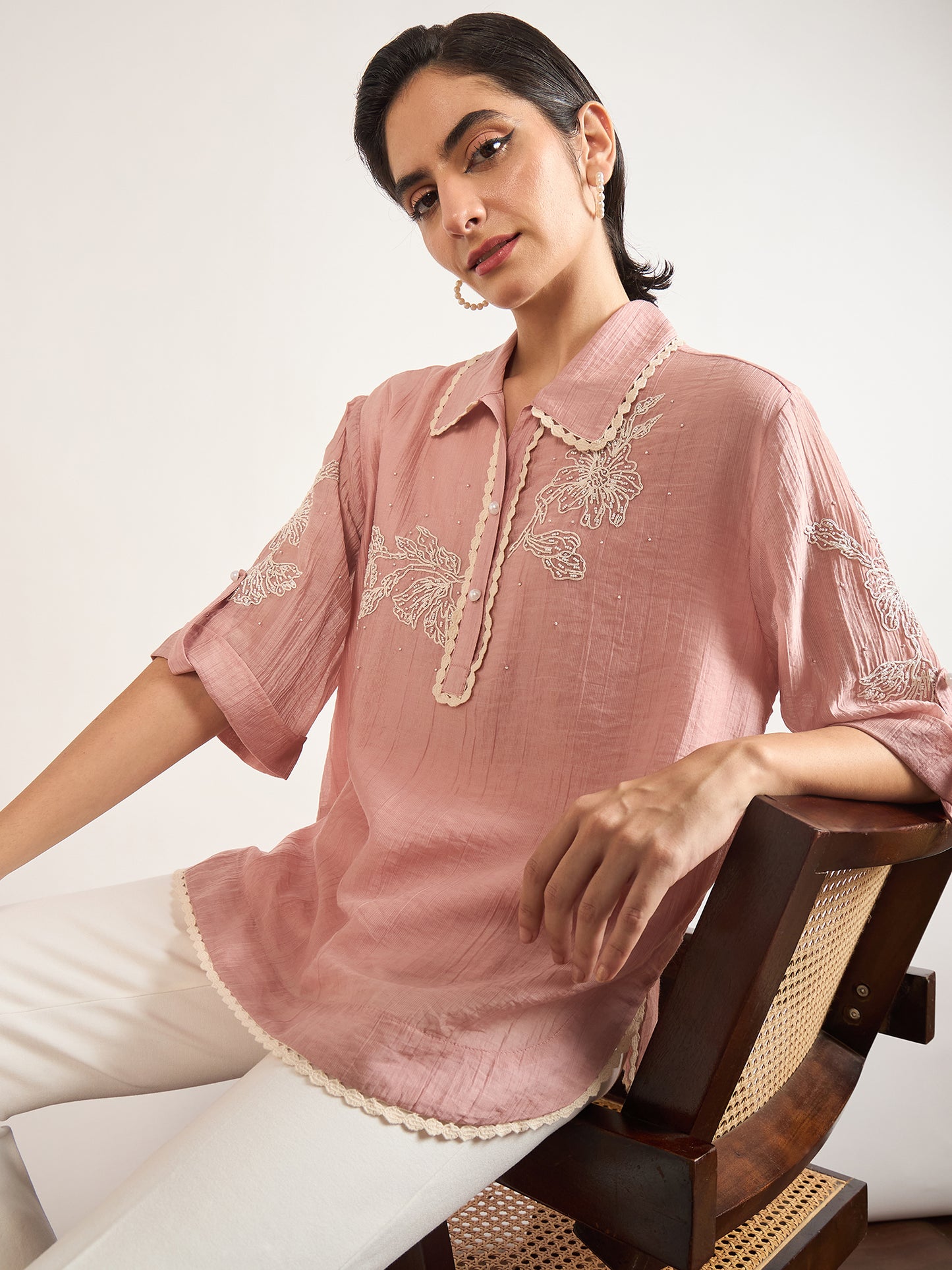Pink Nylon Visoce Embroidery Tunic