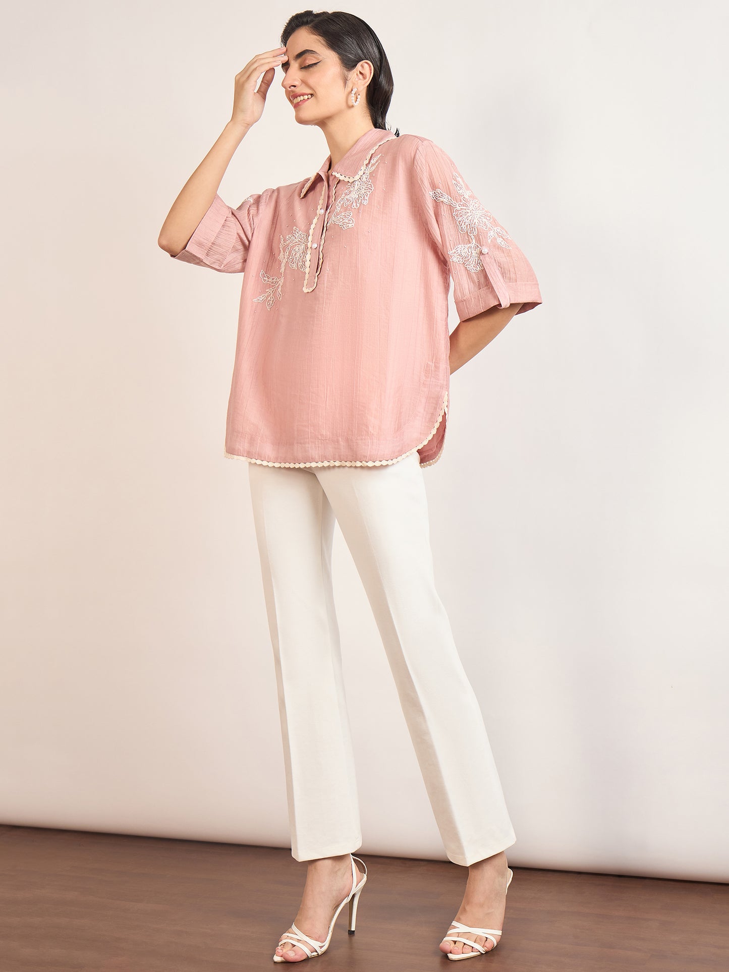 Pink Nylon Visoce Embroidery Tunic