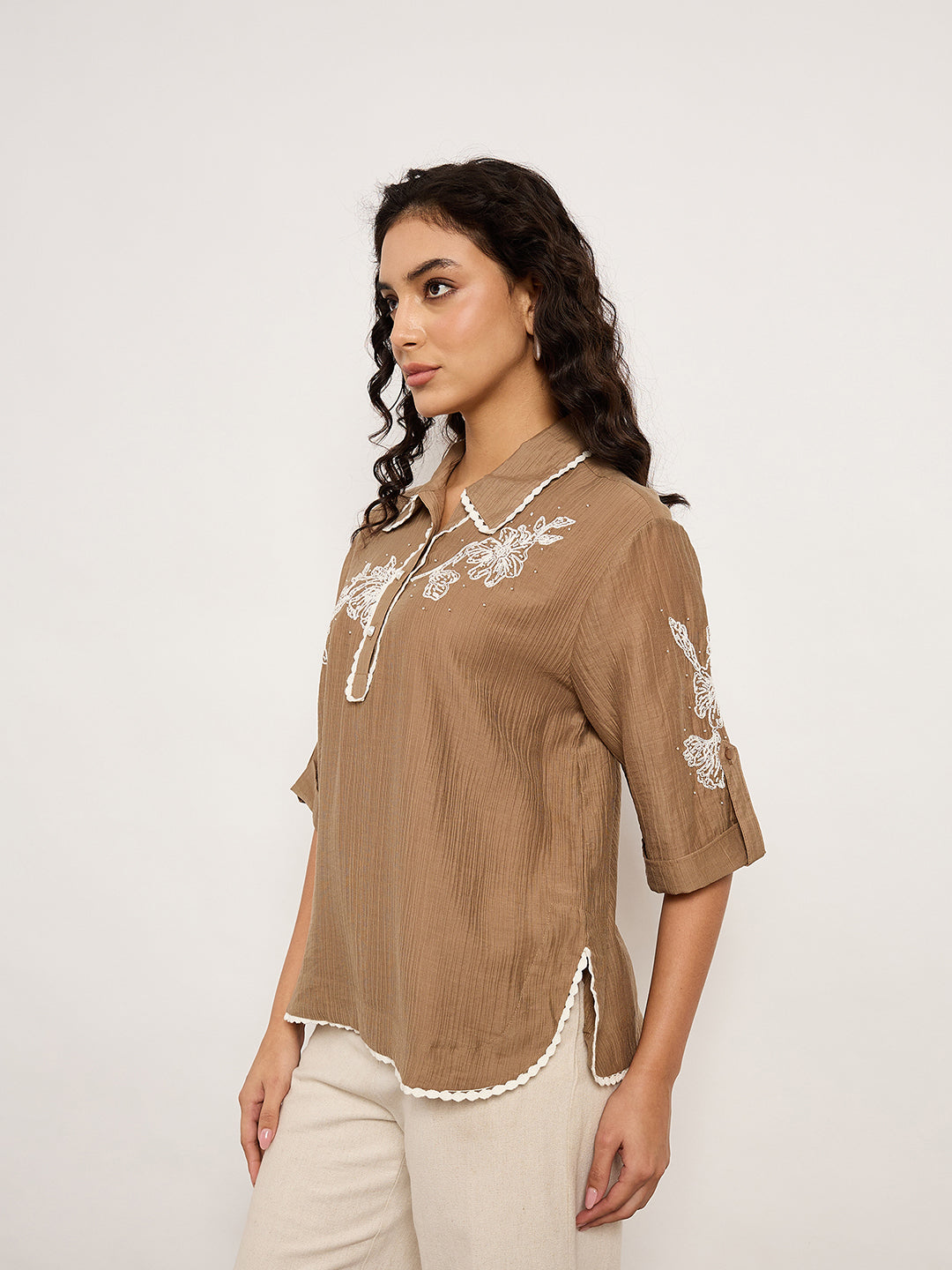 Tan Nylon Visoce Embroidery Tunic
