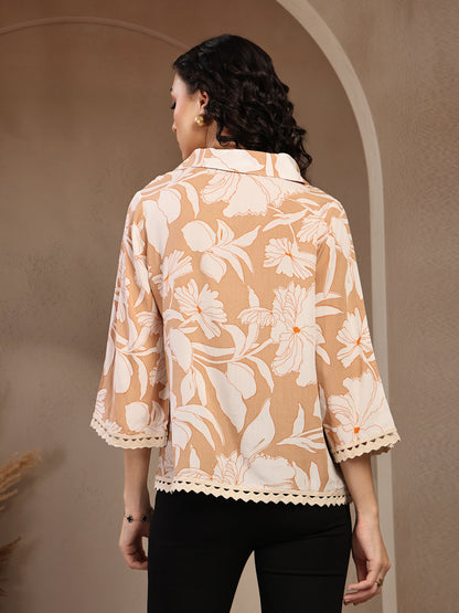 Gipsy Beige Floral Printed Rayon Tunic