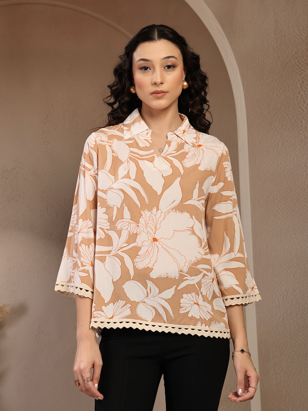 Gipsy Beige Floral Printed Rayon Tunic