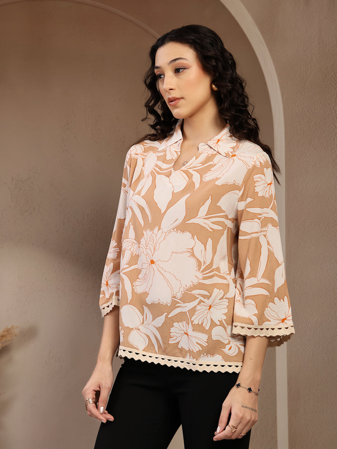 Gipsy Beige Floral Printed Rayon Tunic