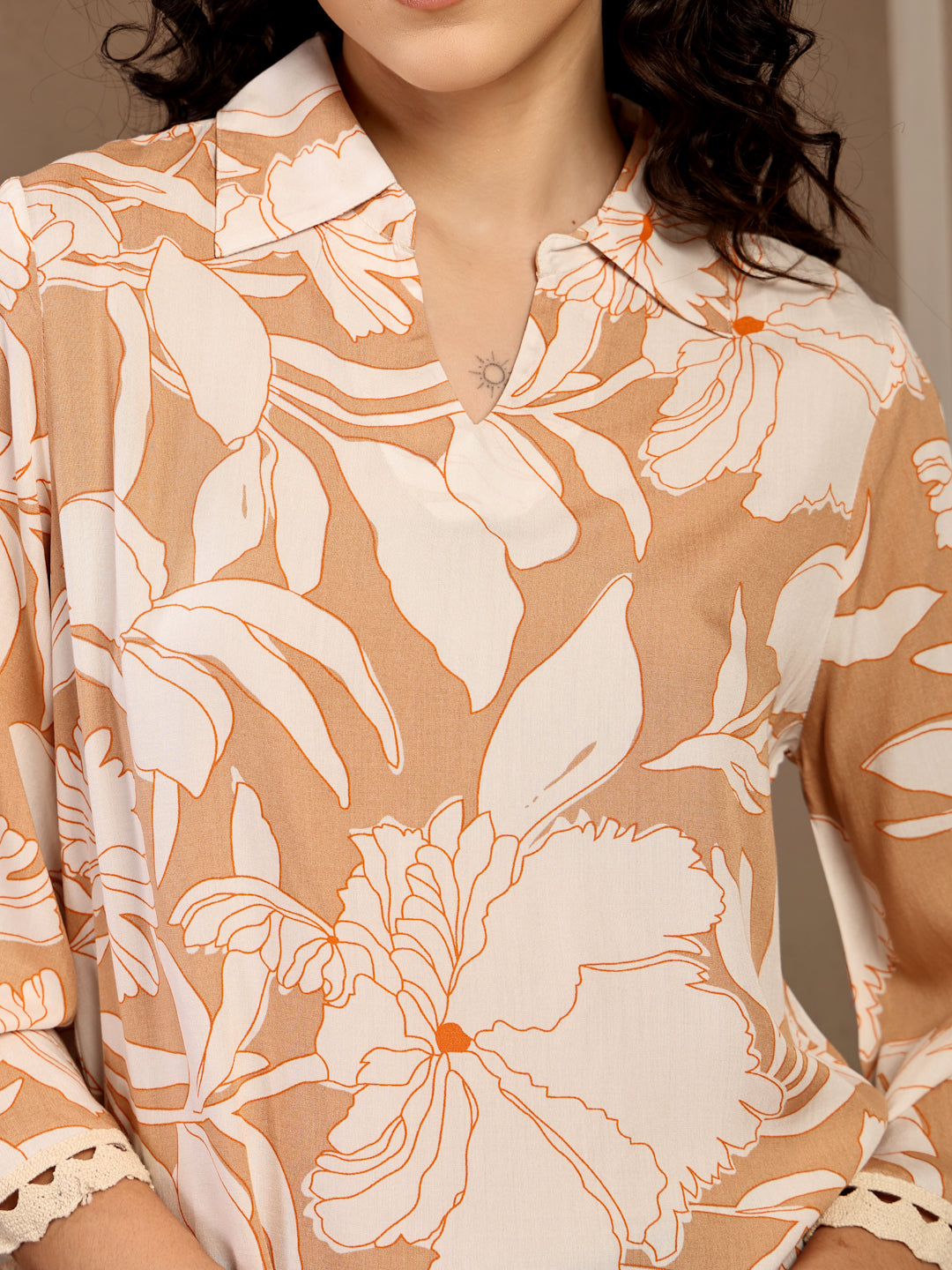 Gipsy Beige Floral Printed Rayon Tunic
