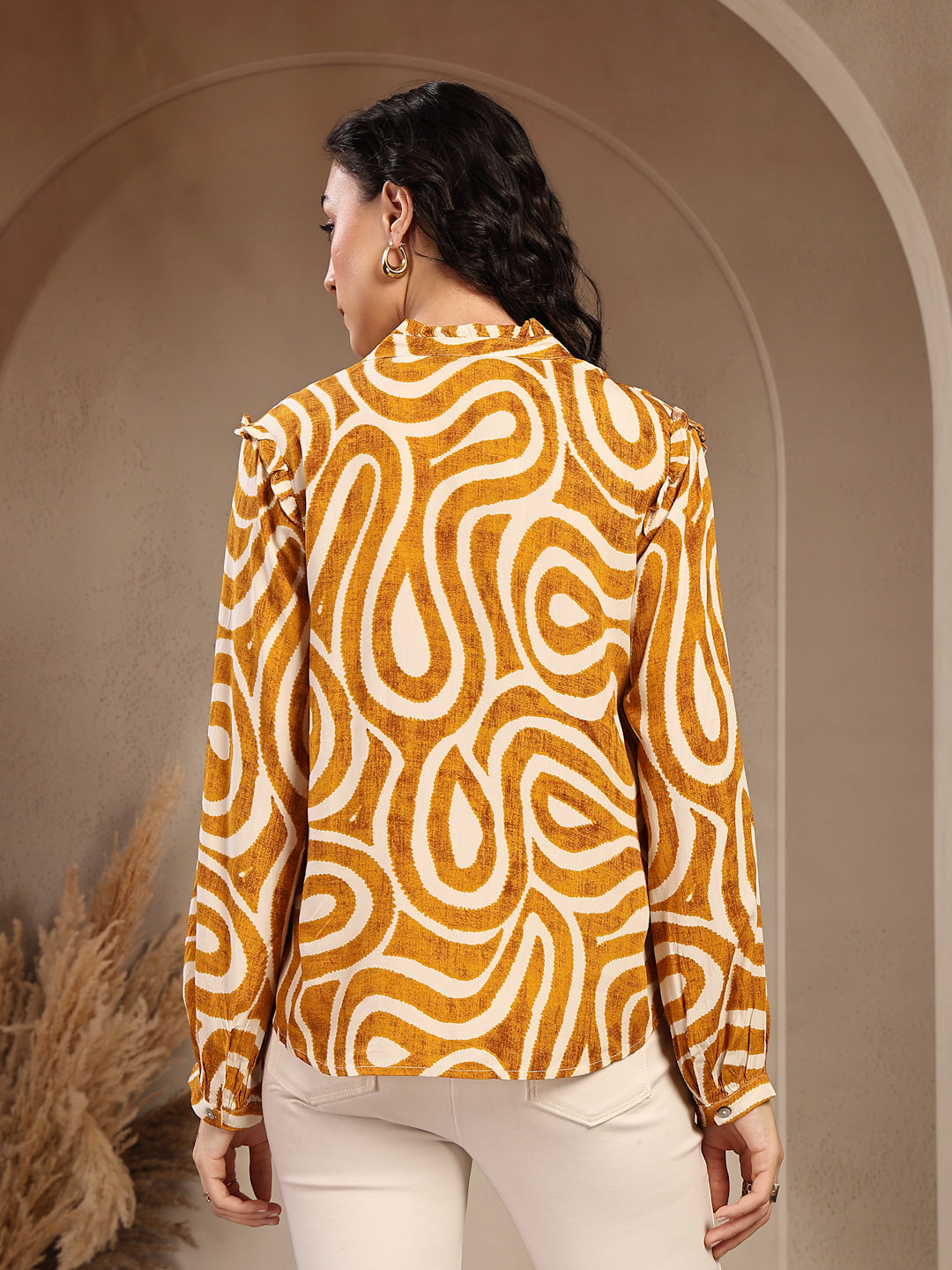 Gipsy Mustard Band Neck Printed Rayon Blouse