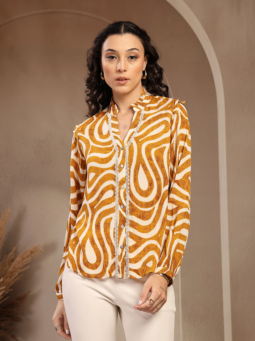Gipsy Mustard Band Neck Printed Rayon Blouse