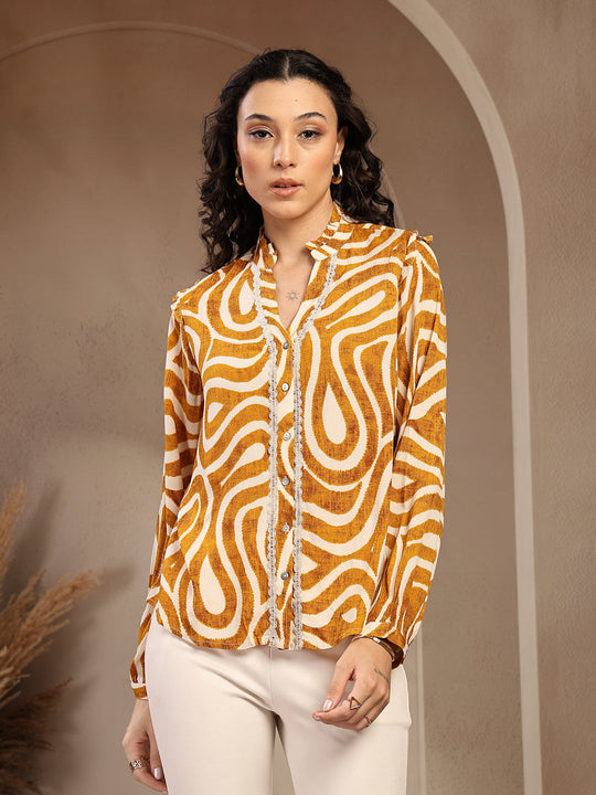 Gipsy Mustard Band Neck Printed Rayon Blouse