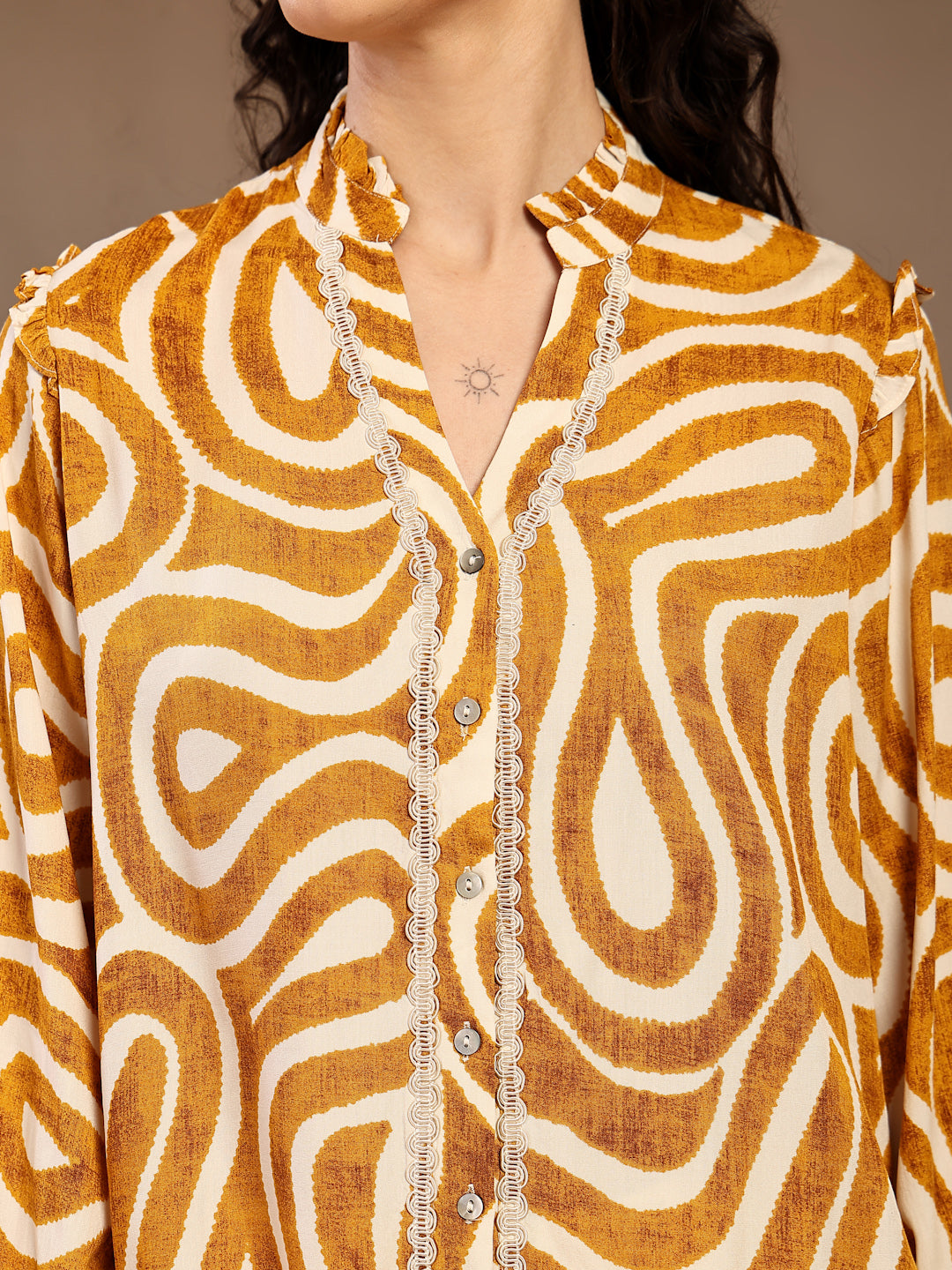 Gipsy Mustard Band Neck Printed Rayon Blouse