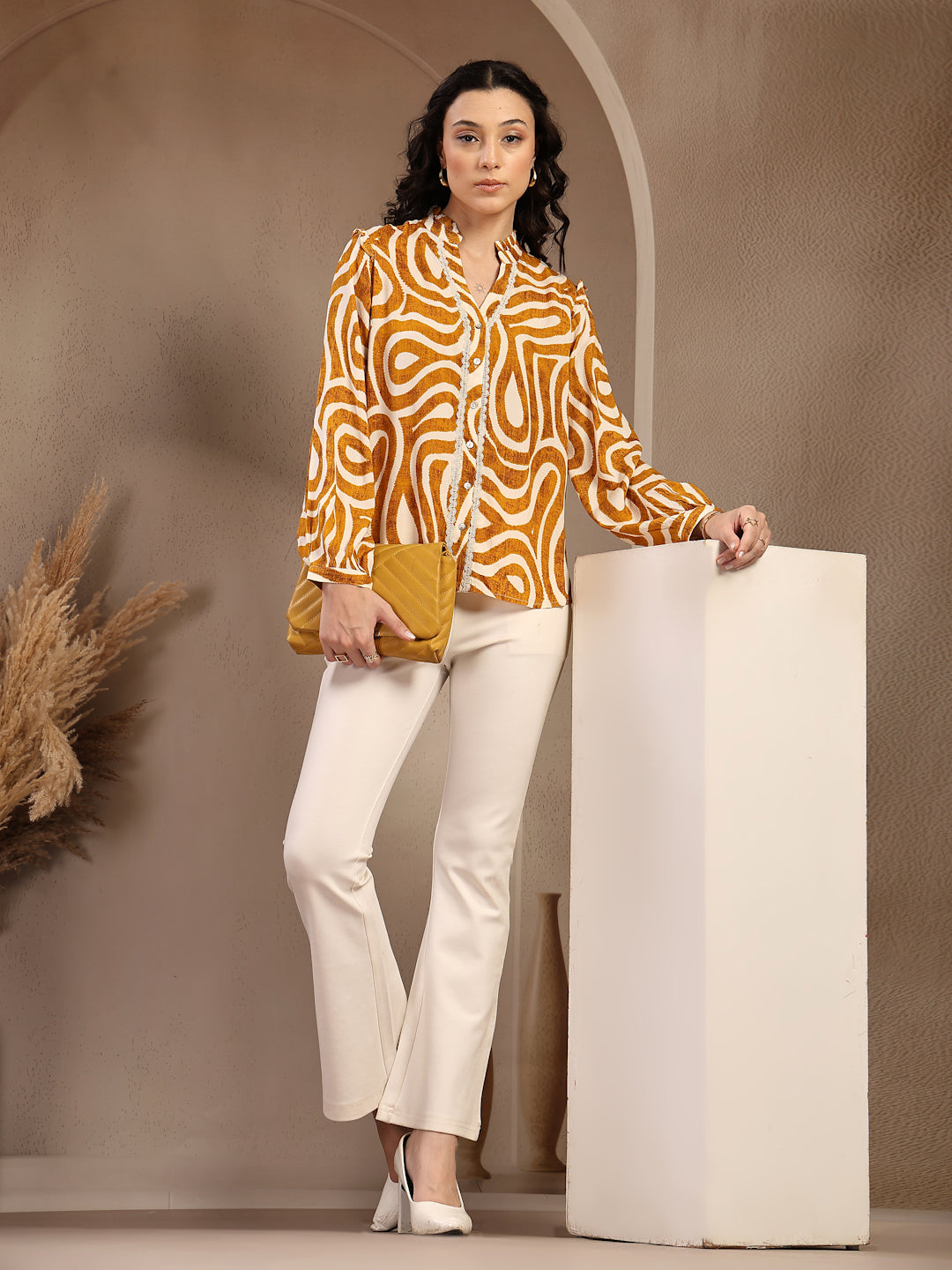 Gipsy Mustard Band Neck Printed Rayon Blouse