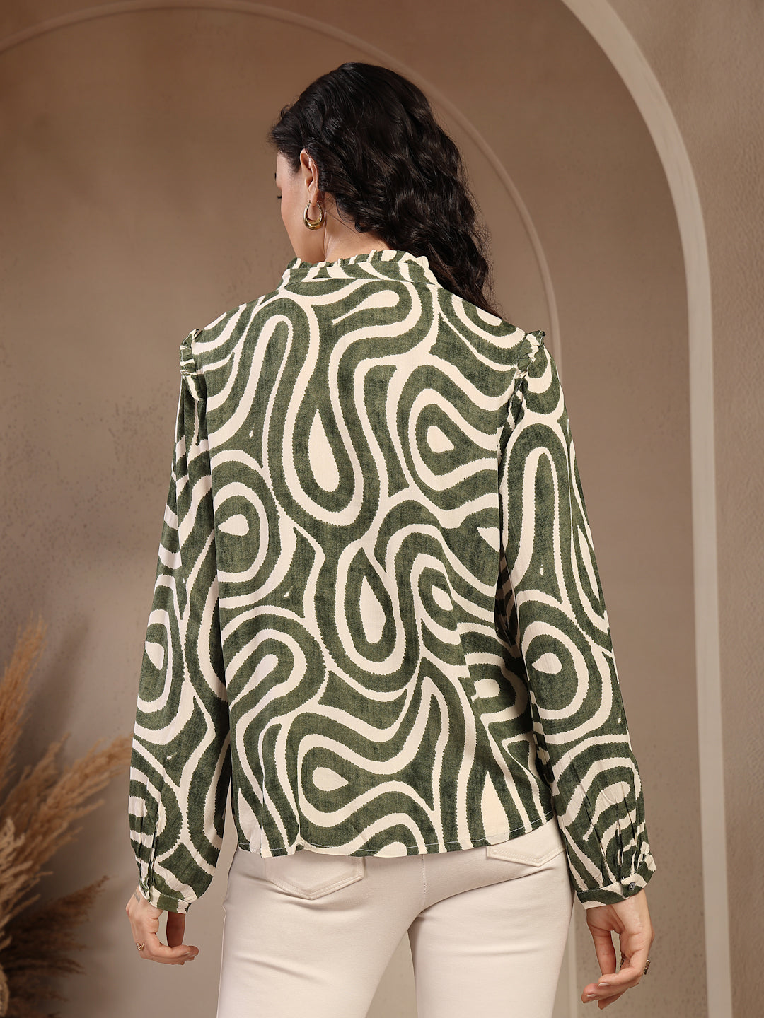 Gipsy Green Band Neck Printed Rayon Blouse
