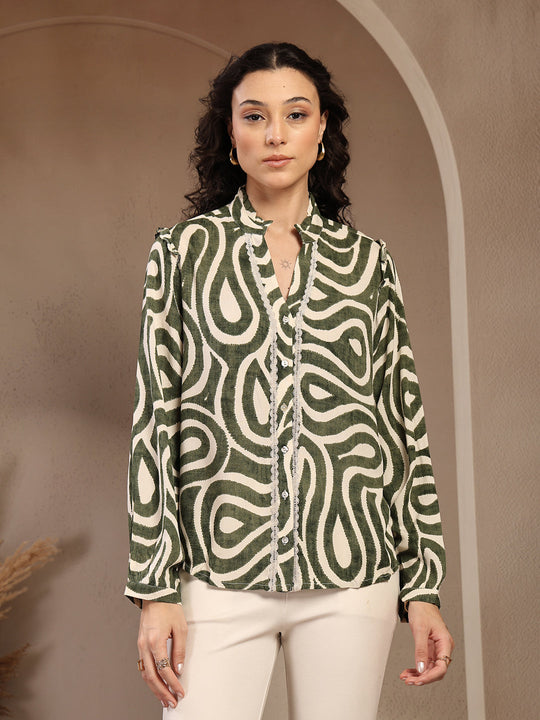 Gipsy Green Band Neck Printed Rayon Blouse