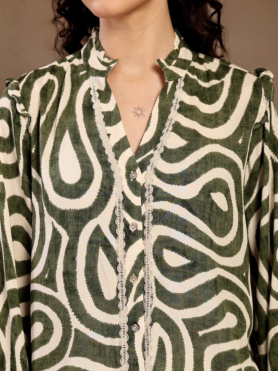 Gipsy Green Band Neck Printed Rayon Blouse