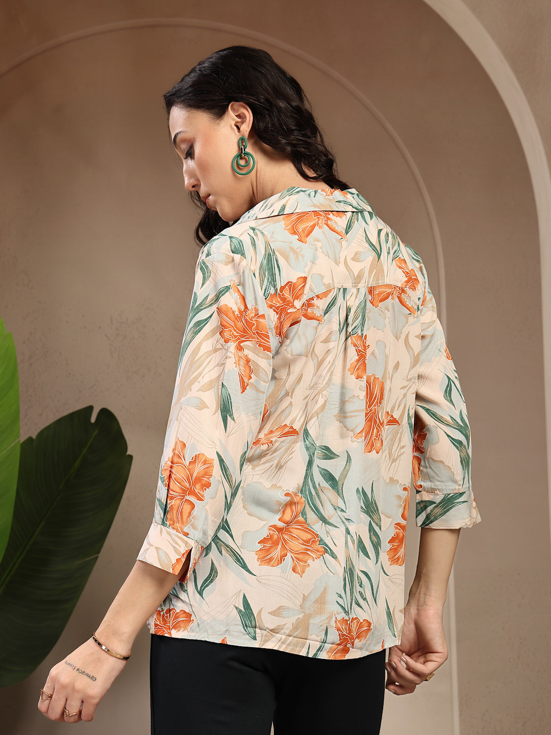 Gipsy Orange Shirt Collar Floral Printed Rayon Tunic