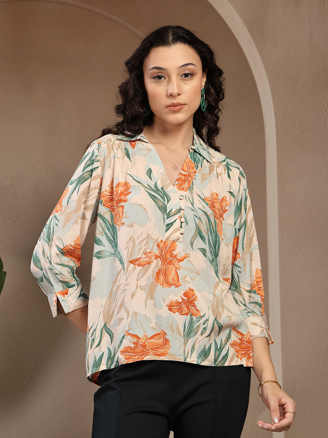 Gipsy Orange Shirt Collar Floral Printed Rayon Tunic