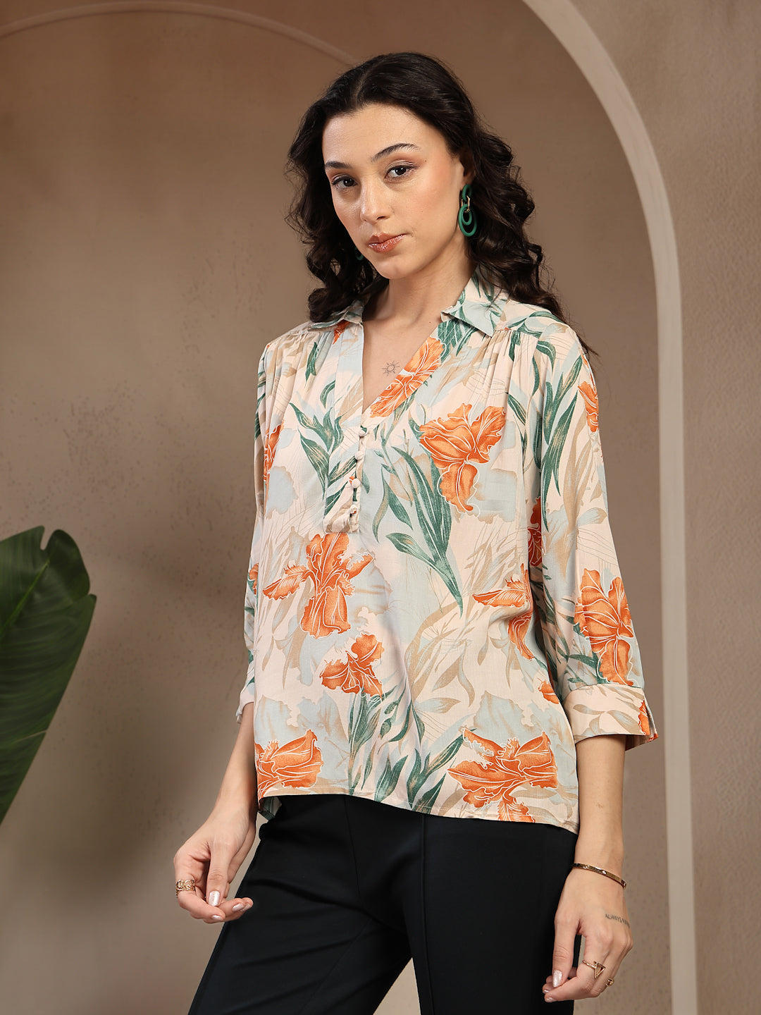 Gipsy Orange Shirt Collar Floral Printed Rayon Tunic