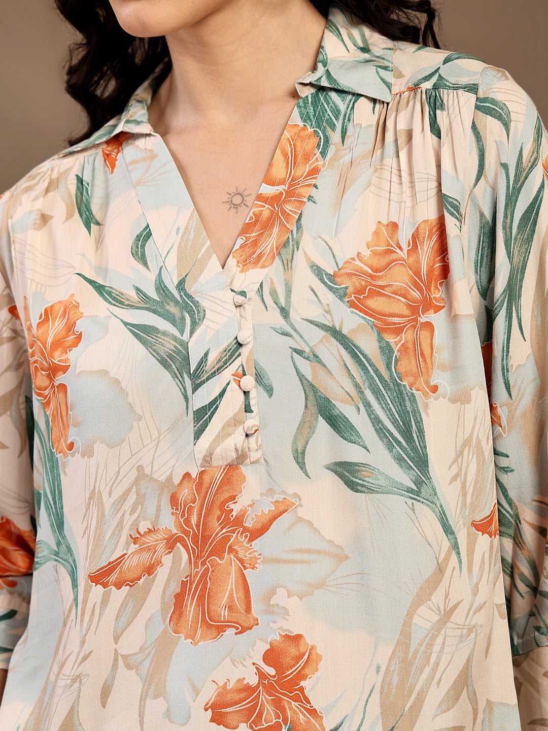 Gipsy Orange Shirt Collar Floral Printed Rayon Tunic
