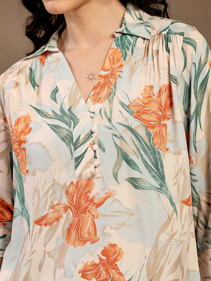 Gipsy Orange Shirt Collar Floral Printed Rayon Tunic
