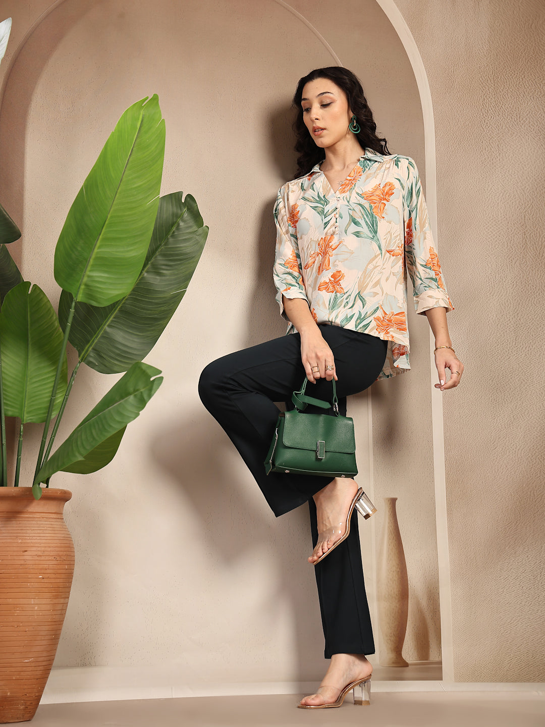 Gipsy Orange Shirt Collar Floral Printed Rayon Tunic