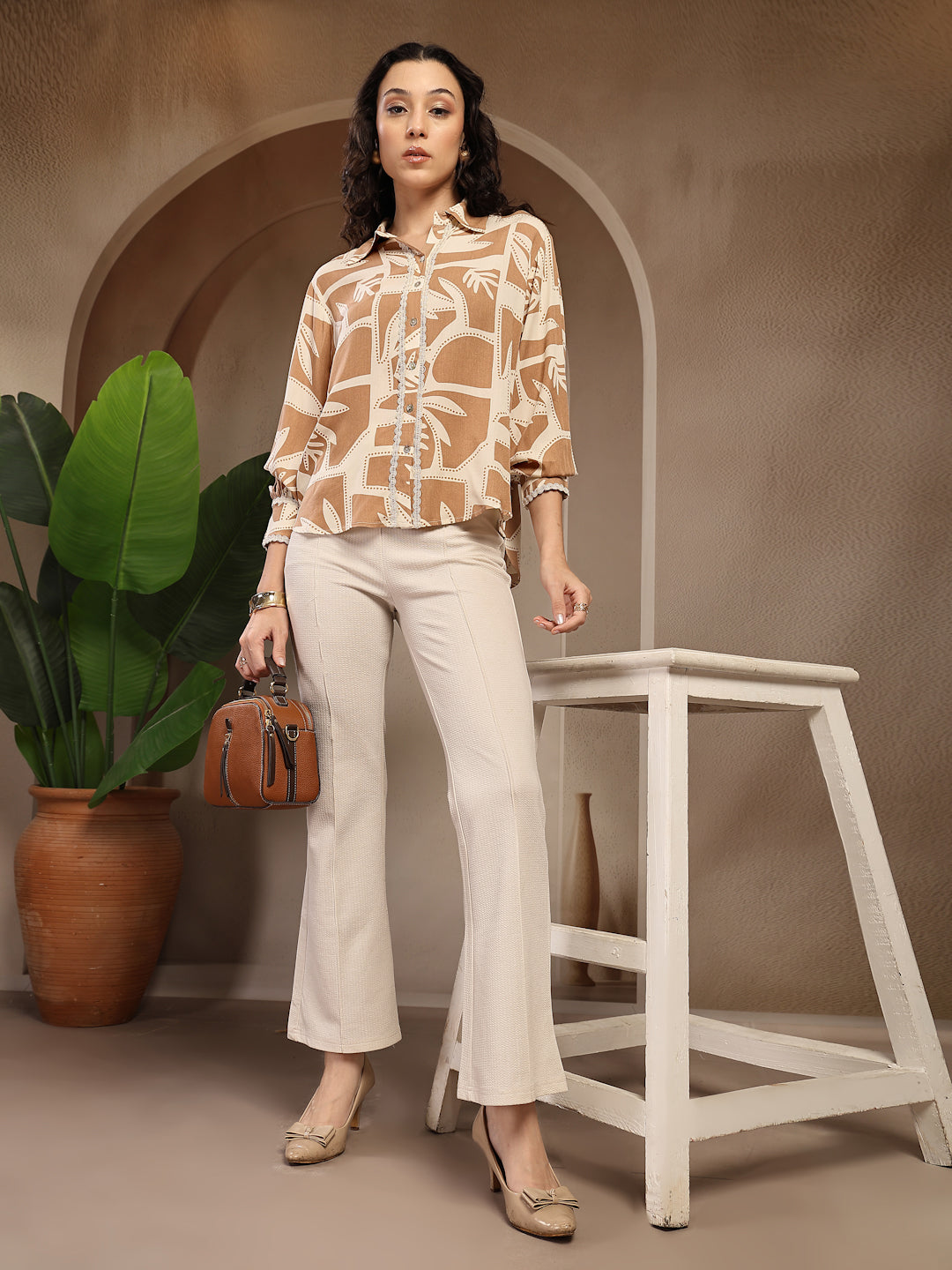 Gipsy Beige Printed Rayon Shirt