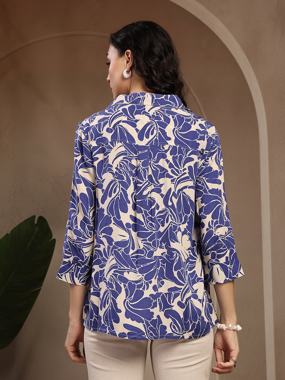 Gipsy Blue Shirt Collar Floral Printed Rayon Tunic