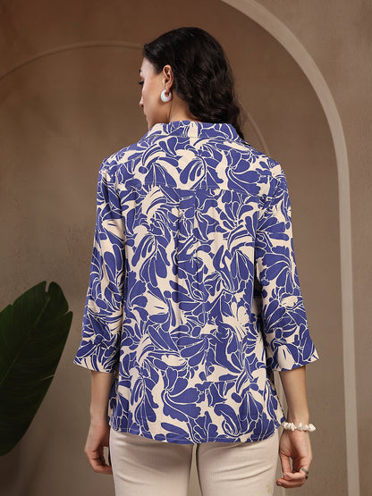 Gipsy Blue Shirt Collar Floral Printed Rayon Tunic