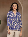 Gipsy Blue Shirt Collar Floral Printed Rayon Tunic