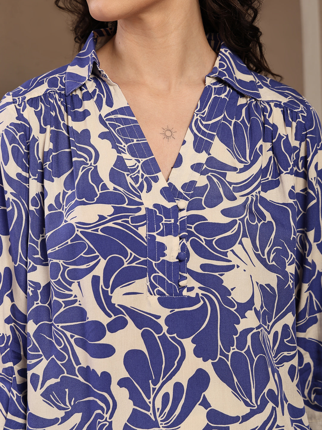 Gipsy Blue Shirt Collar Floral Printed Rayon Tunic