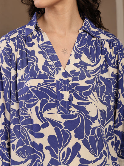 Gipsy Blue Shirt Collar Floral Printed Rayon Tunic