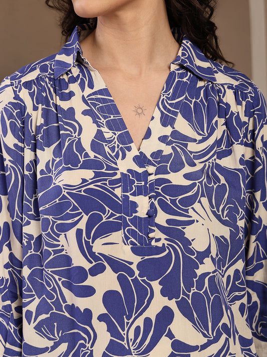 Gipsy Blue Shirt Collar Floral Printed Rayon Tunic