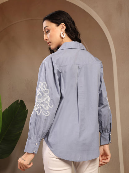 Gipsy Blue Embroidery Cotton Shirt
