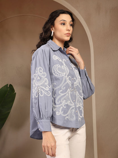 Gipsy Blue Embroidery Cotton Shirt