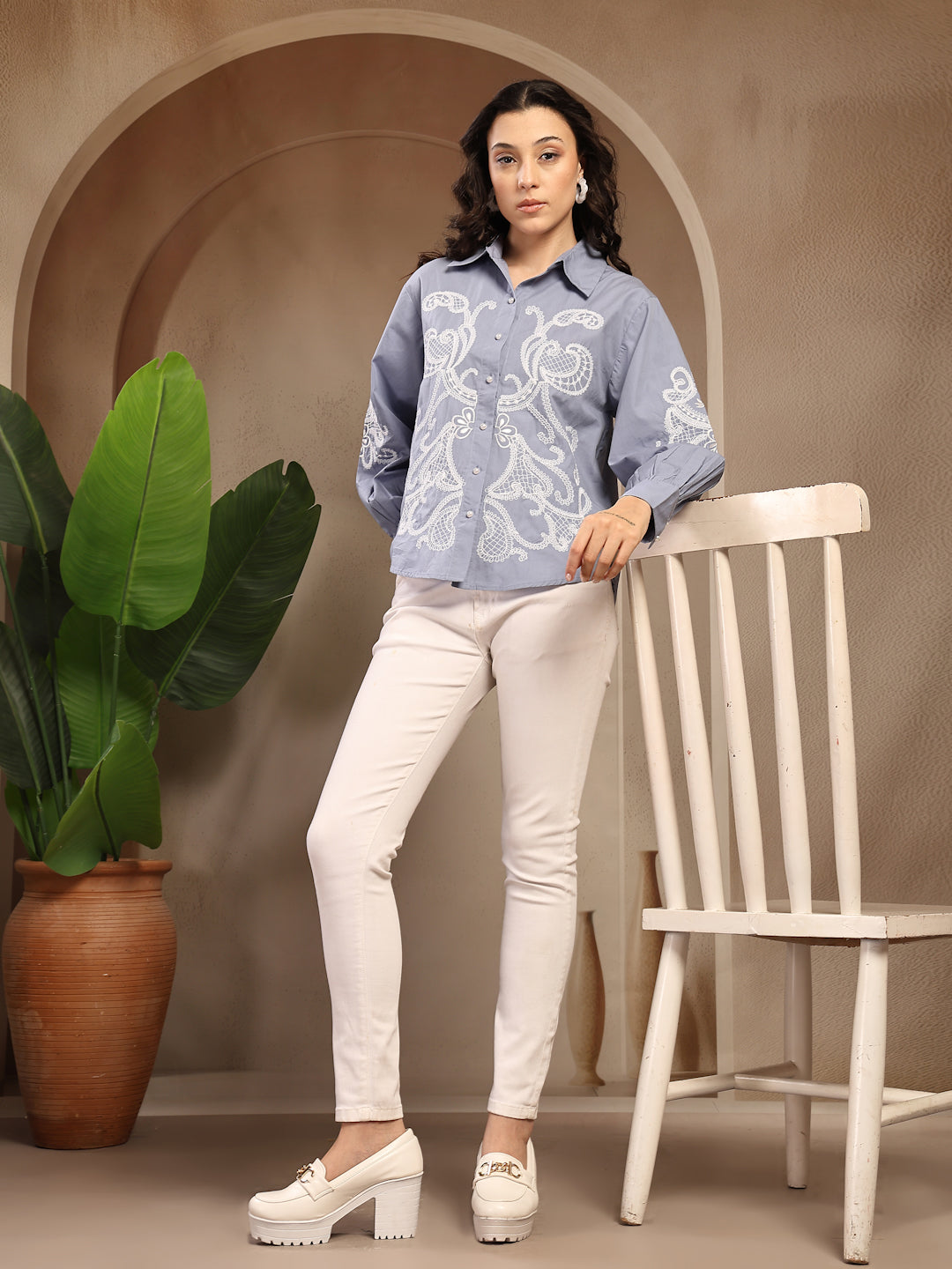 Gipsy Blue Embroidery Cotton Shirt