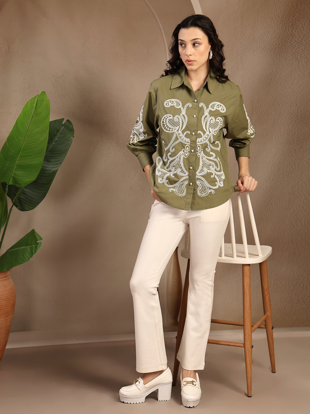 Gipsy Olive Embroidery Cotton Shirt