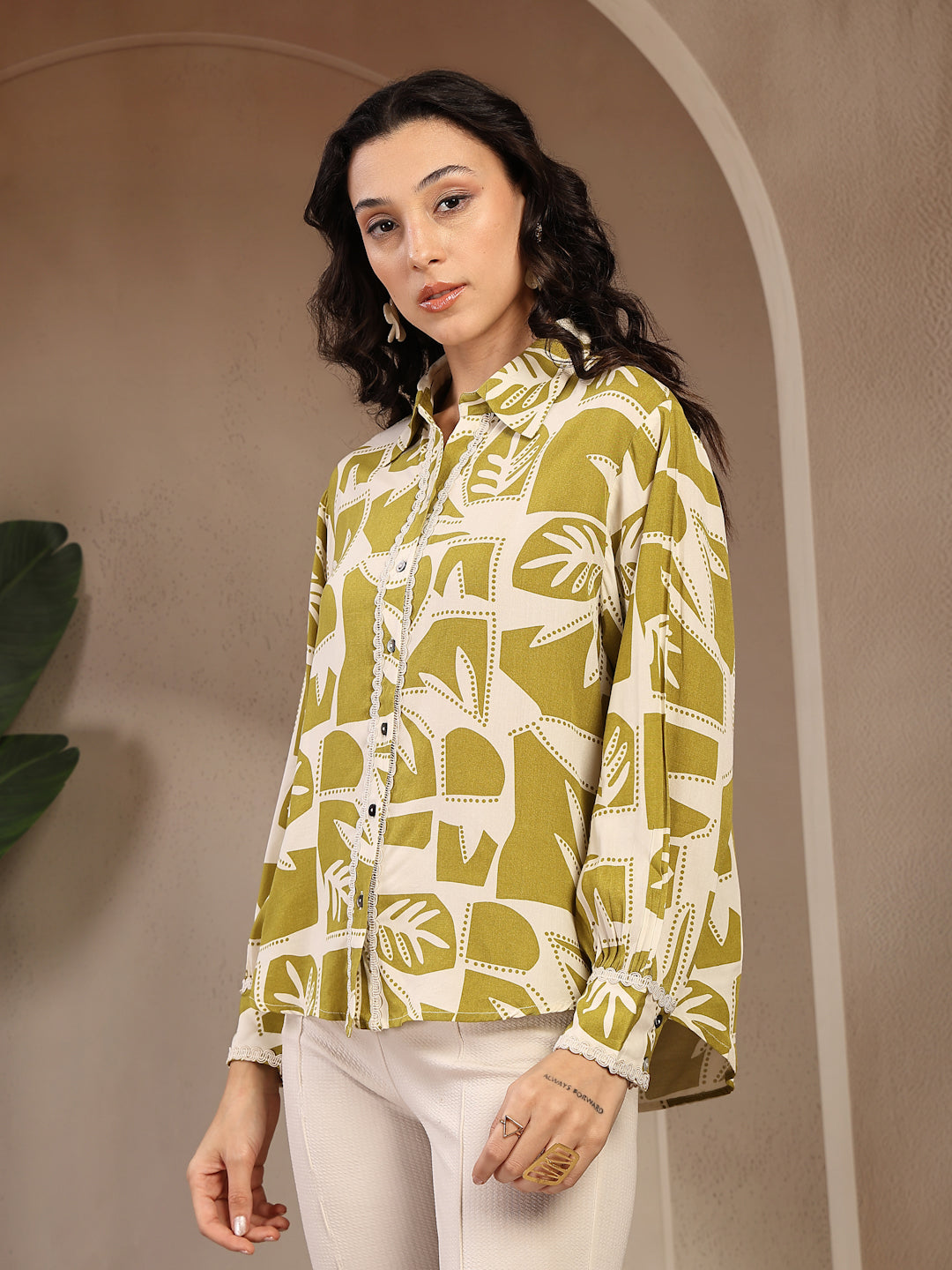 Gipsy Lime Green Printed Rayon Shirt