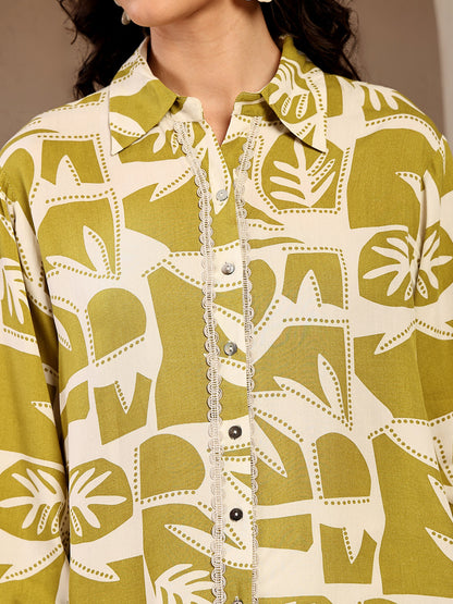Gipsy Lime Green Printed Rayon Shirt